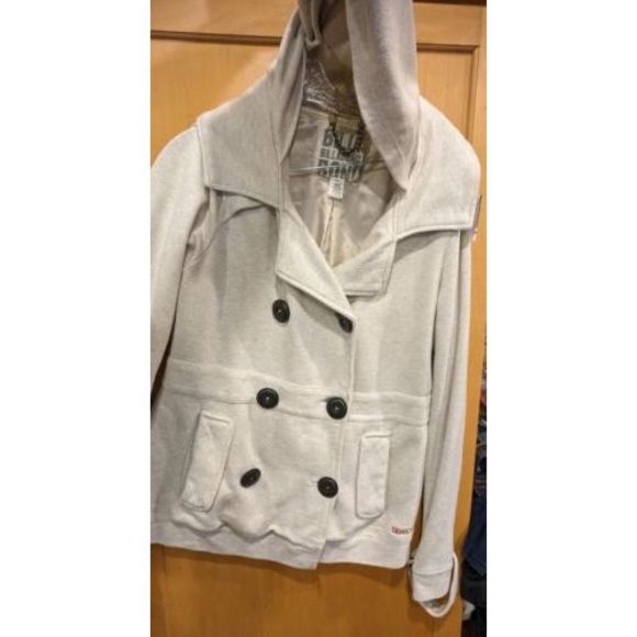 billaBONG Womens Off White Hooded Knit Jacket Large Pockets P+Coat  Double Breas - Picture 1 of 7